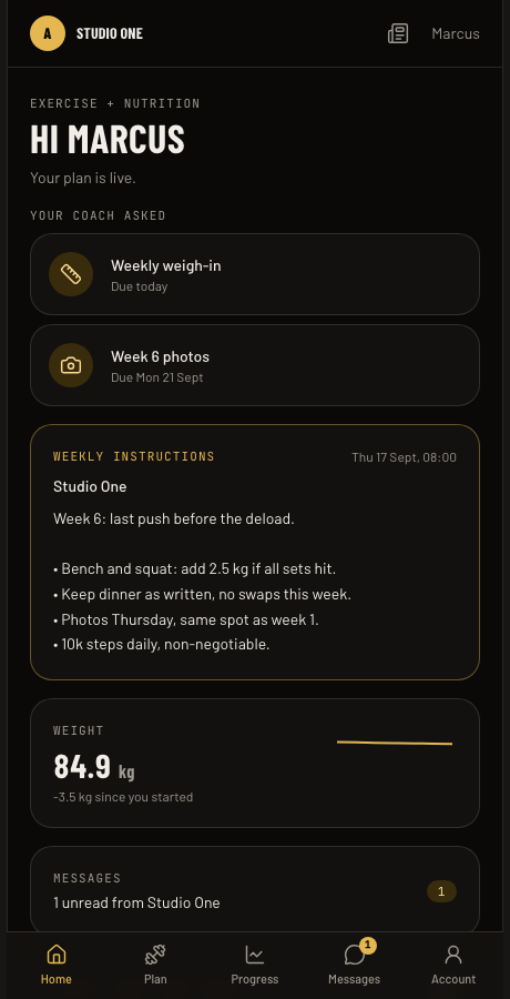 The student portal home screen with check-in requests and weekly instructions