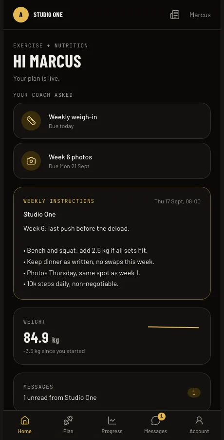 The student portal home screen with check-in requests and weekly instructions