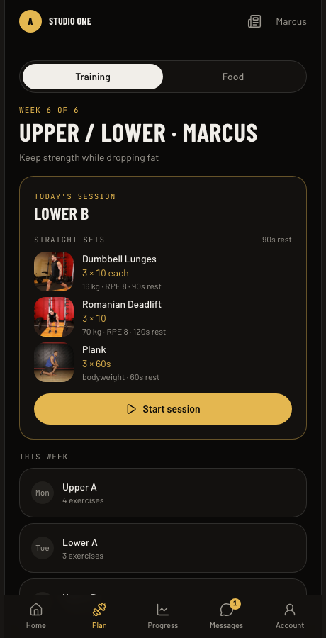 The student portal showing today's training session with each exercise