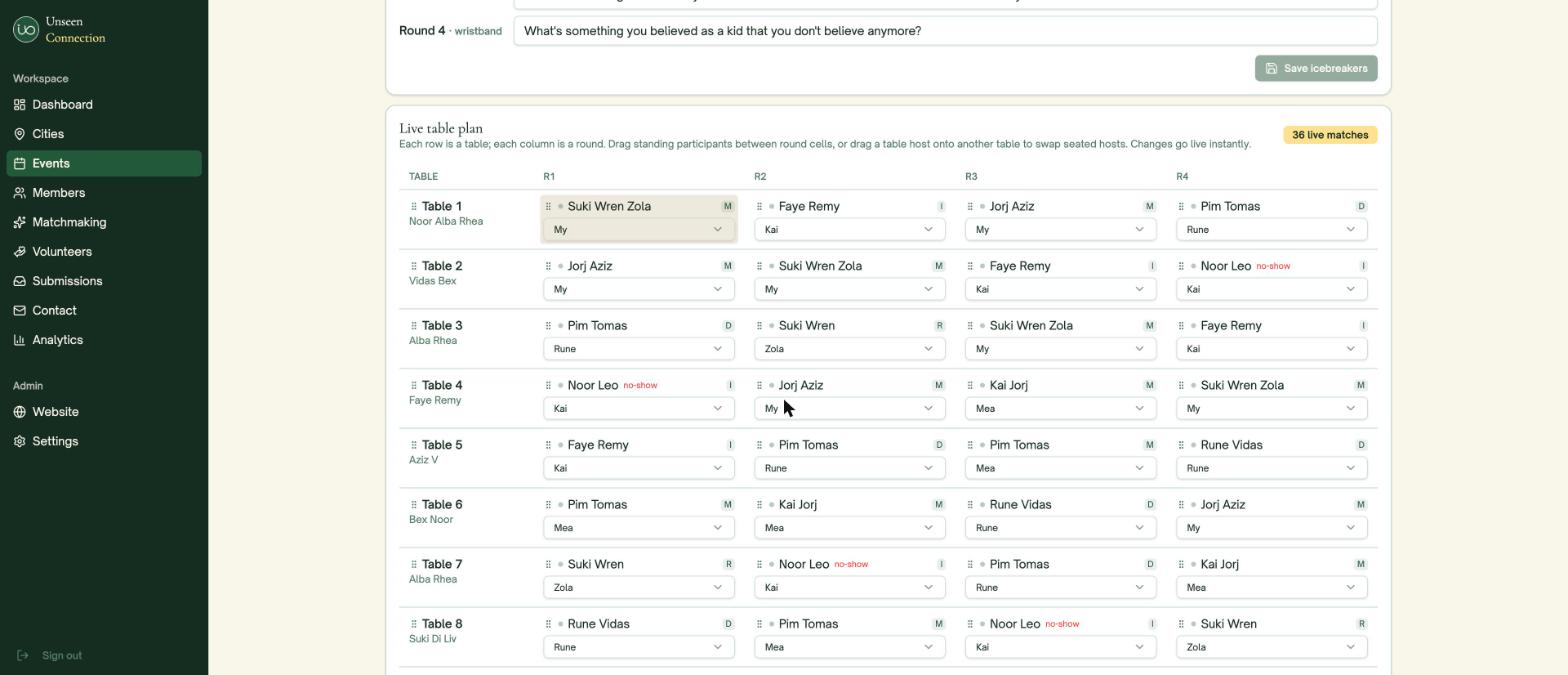Matchmaking — the live round-by-round table plan (names shown are placeholders)
